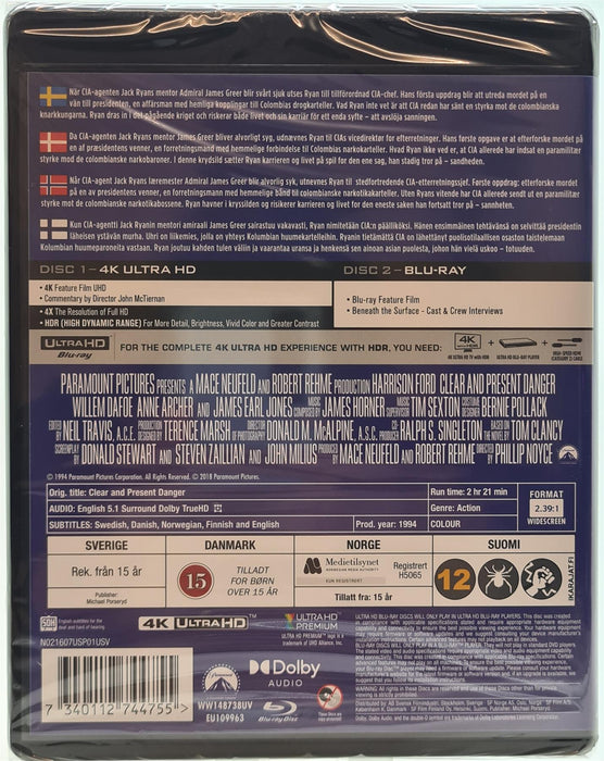 Clear & Present Danger 4K Ultra HD Blu-ray Danish Import English Language New Sealed