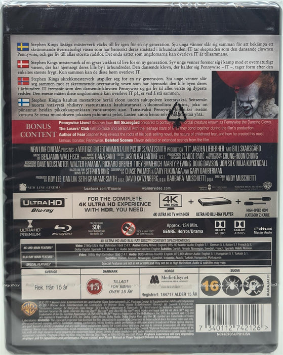 Stephen King's IT 4K Ultra HD Blu-ray Danish Import English Language New Sealed